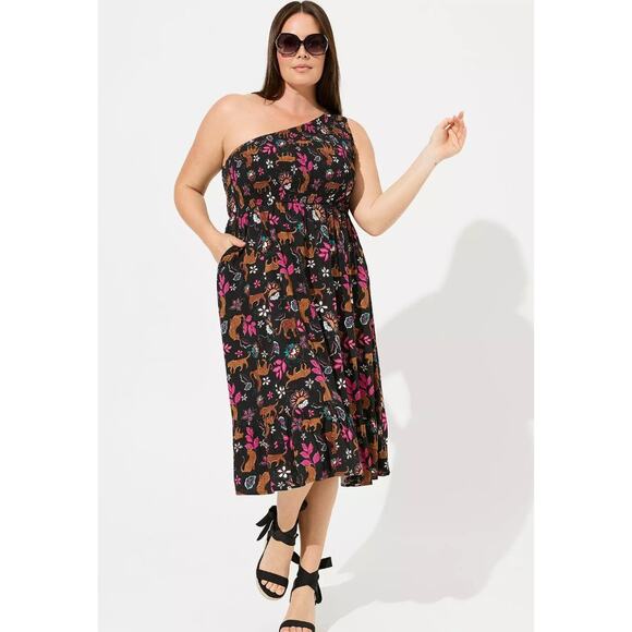 NWT‎ TORRID Women's 3X (3) Black Floral Leopard Midi Challis One-Shoulder Dress - Picture 2 of 15